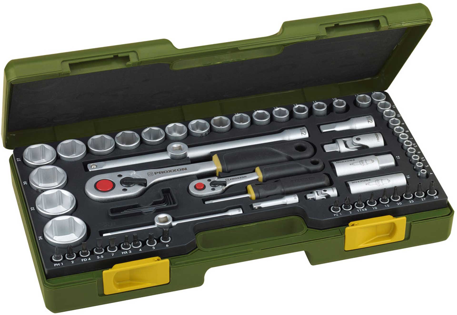 PROXXON 65-PIECE COMPLETE SET WITH 1/4" AND 1/2" BATON RATCHETS