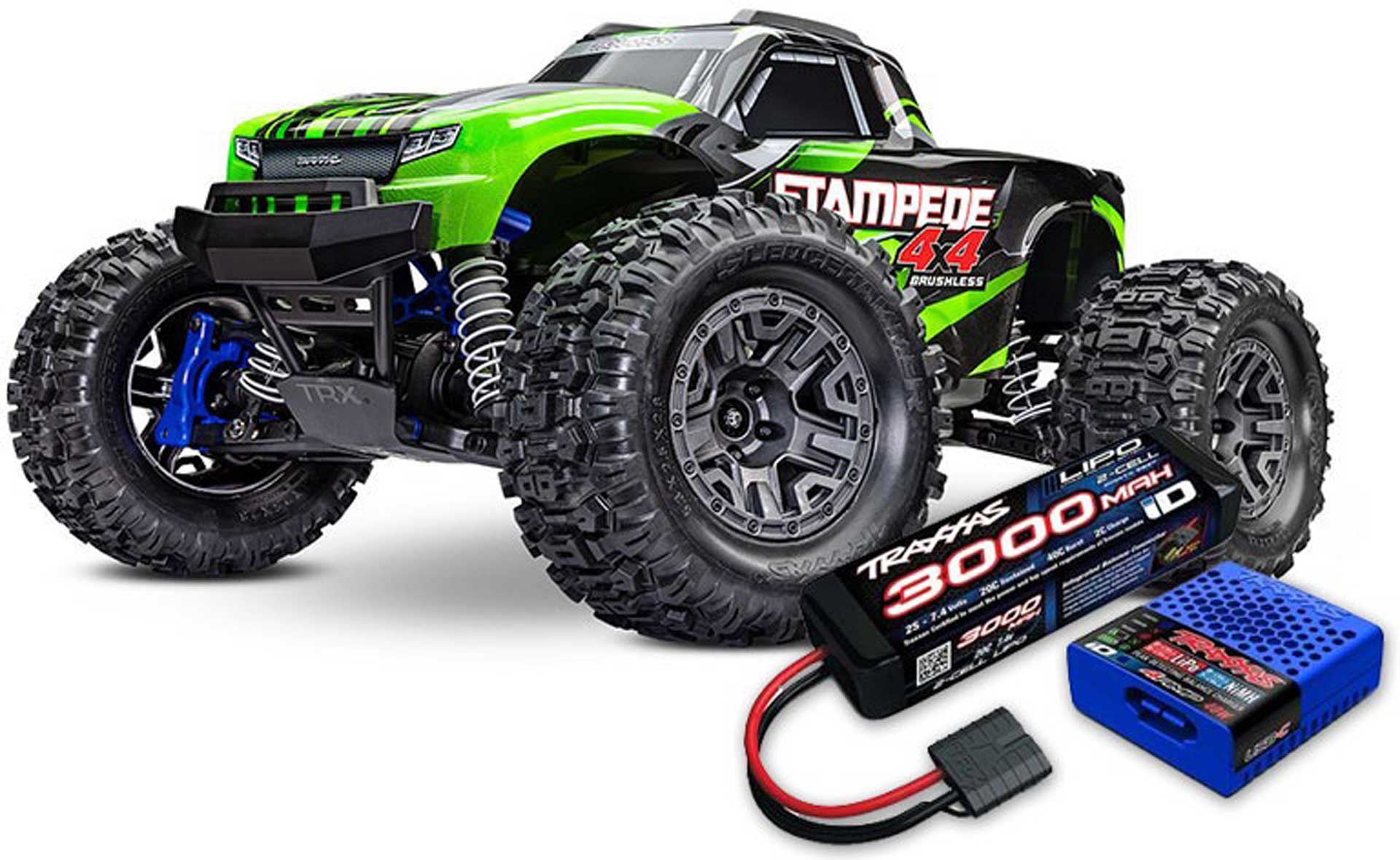 TRAXXAS STAMPEDE 4X4 BL-2S GREEN 1/10 MONSTER TRUCK RTR BL-2S SET WITH FREE LIPO BATTE