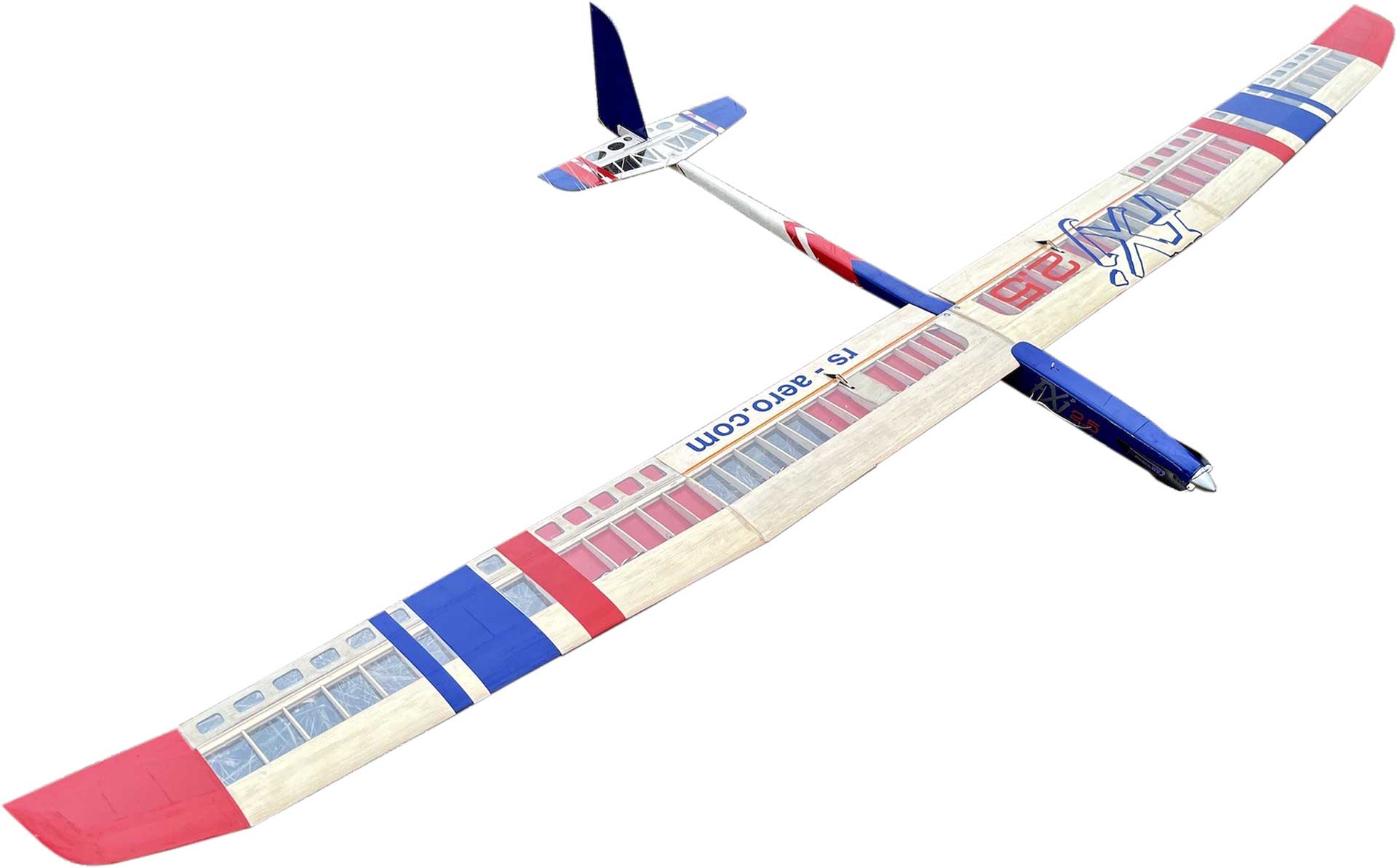 rs-aero FXj 2.5 wooden kit thermal model with 4-flap surface as glider, or electric model