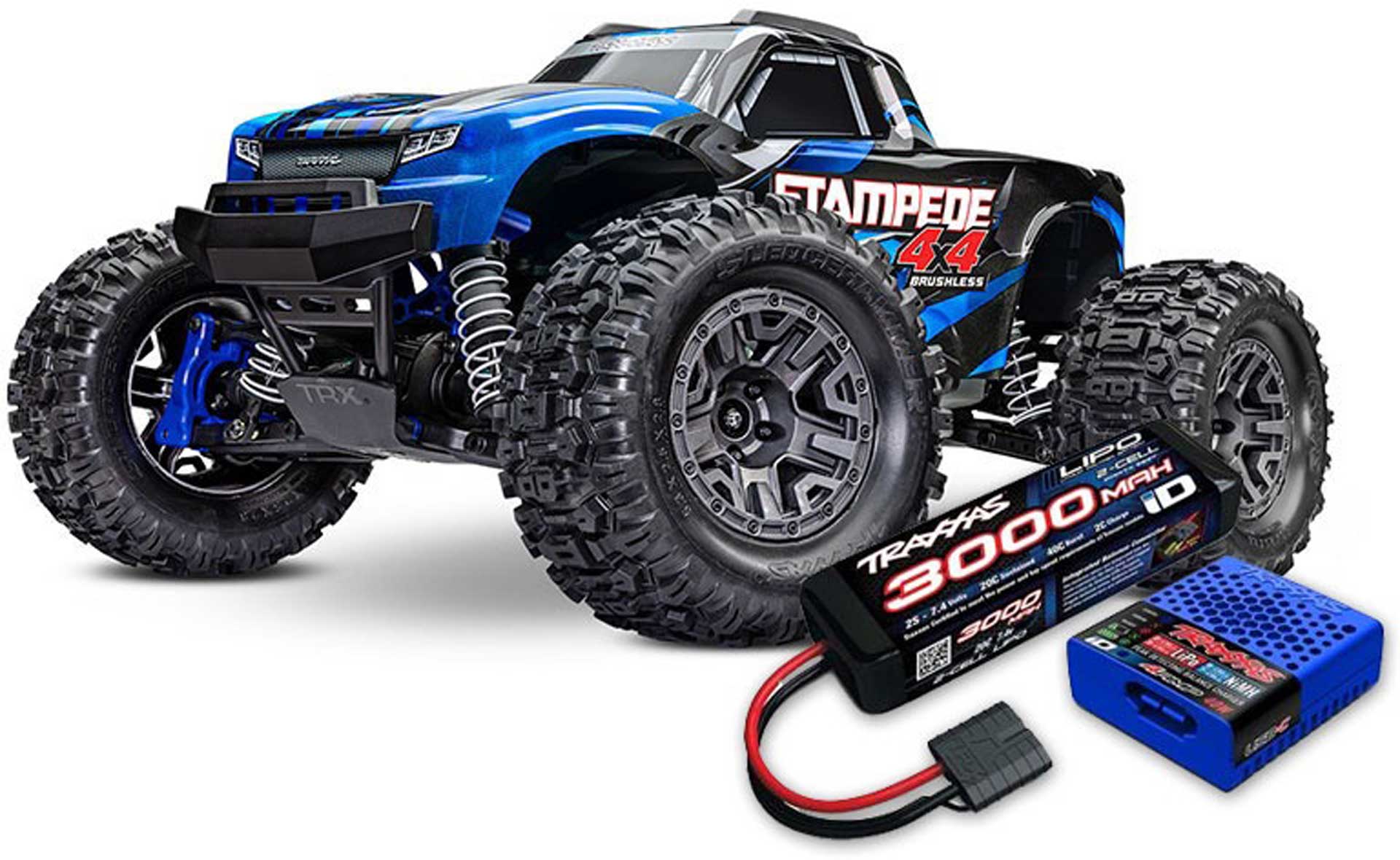 TRAXXAS STAMPEDE 4X4 BL-2S BLUE 1/10 MONSTER TRUCK RTR BL-2S SET WITH FREE LIPO BATTE