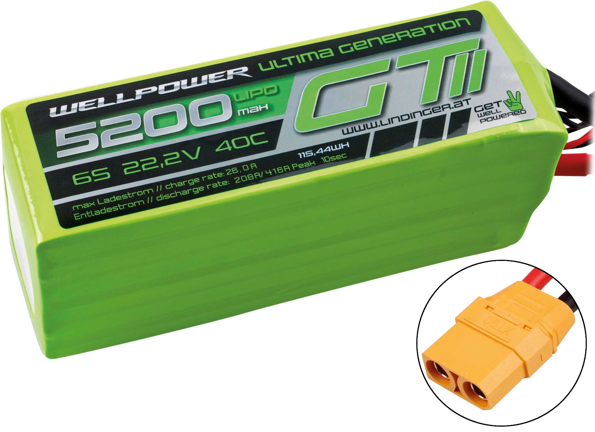 WELLPOWER LIPO AKKU ULTIMA GT II 5200 MAH / 22,2 Volt 6S 40/80C CH5/8 115,44WH XT-90