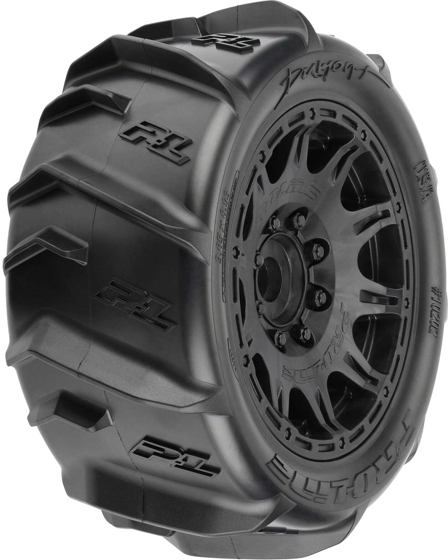 PROLINE DUMONT PADDLE SAND/SNOW REIFEN V/H (2) 5.7 X-MAXX, KRATON 8S ON RAID RIM BLACK 24MM