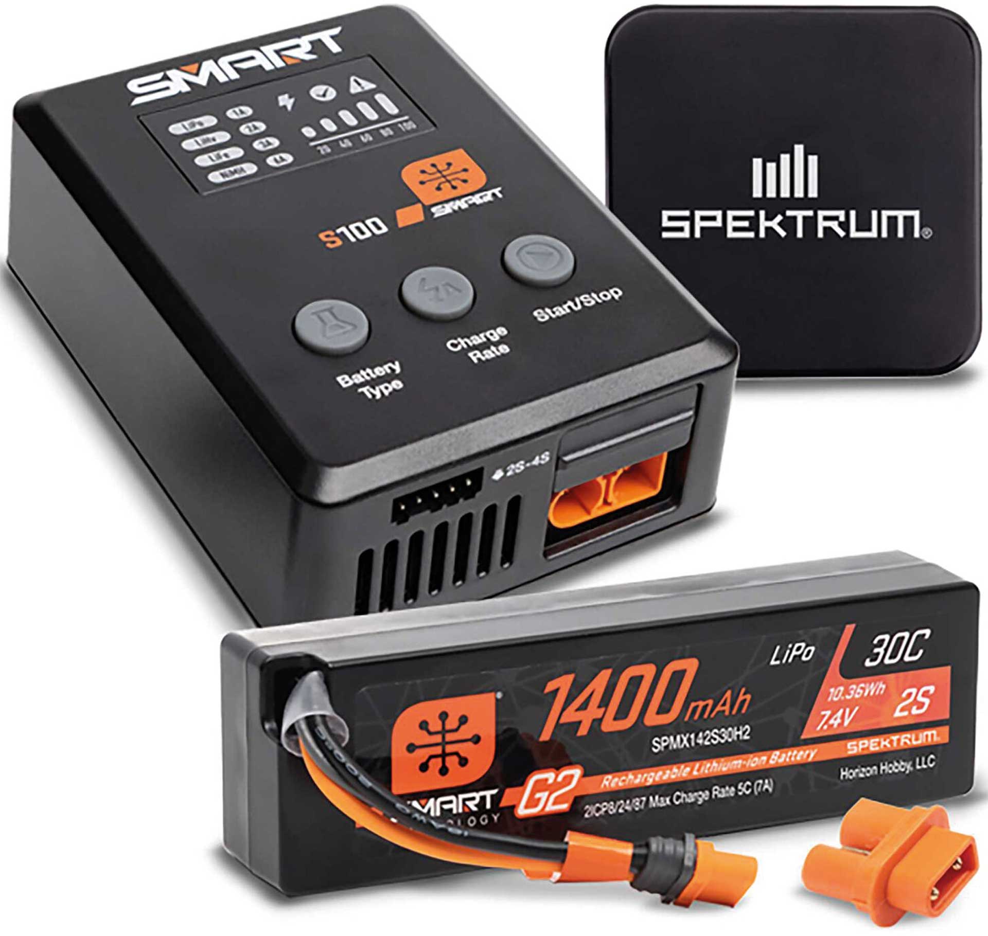 SPEKTRUM Smart Powerstage Surface Bundle: 1400mAh 2S 30C LiPo Battery (IC2) / 100W S100 Charger / 65W Power Supply / Adapter