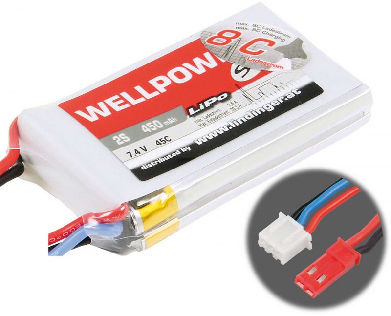 WELLPOWER LIPO BATTERY  PACK SE 450 MAH / 7,4 VOLT 2S 45/(80)C WITH XH BALANCER PLUG