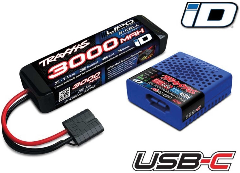 TRAXXAS Chargeur USB-C 4A + LiPo 3000mAh 2s 7,4V Set mit iD-Akkuerkennung