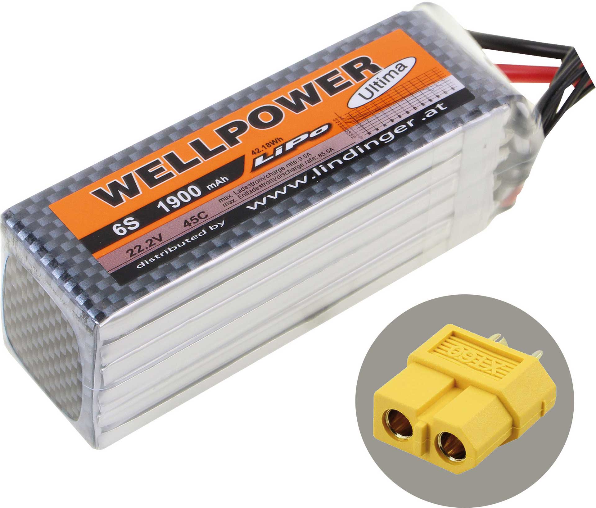 WELLPOWER LIPO BATTERY  PACK ULTIMA 1900 MAH / 22,2 VOLT 6S 45/90C CH10 GOBLIN 380